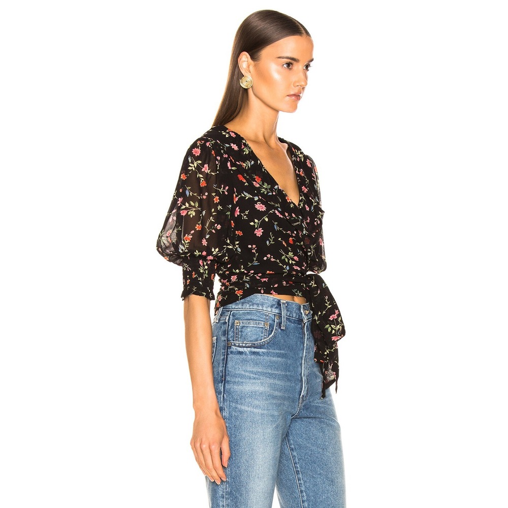 NWT GANNI Floral Print Georgette Wrap Blouse - Black & Pink 🌸 EU 38 (US 6) $160 - Picture 2 of 16